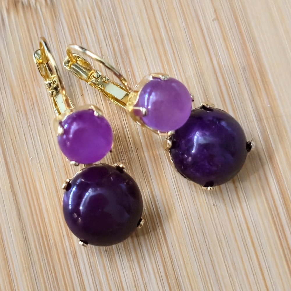 Bold Purple Natural Jade In Two Stone Setting Gold Plated Earrings
